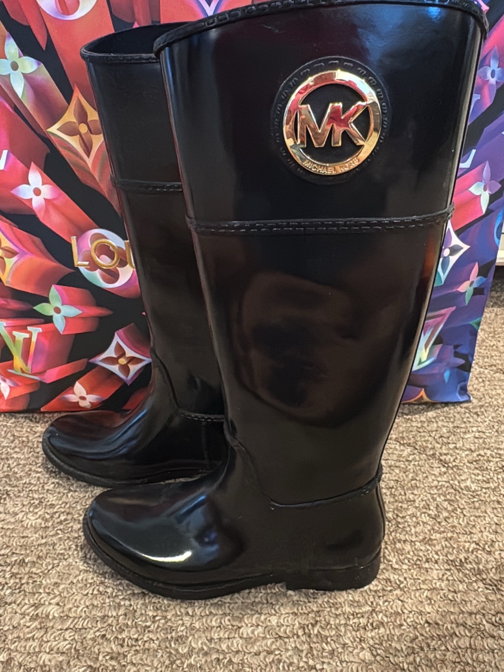 Michael Kors Black Glossy MK Logo Rain Boots